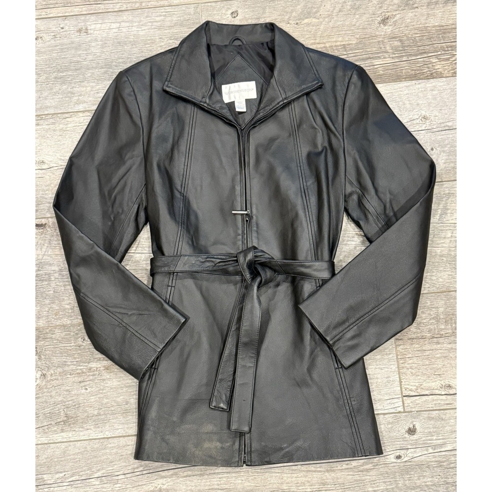 Worthington Zip Jacket Womens Small Black Genuine Leather Belted Pockets Classic